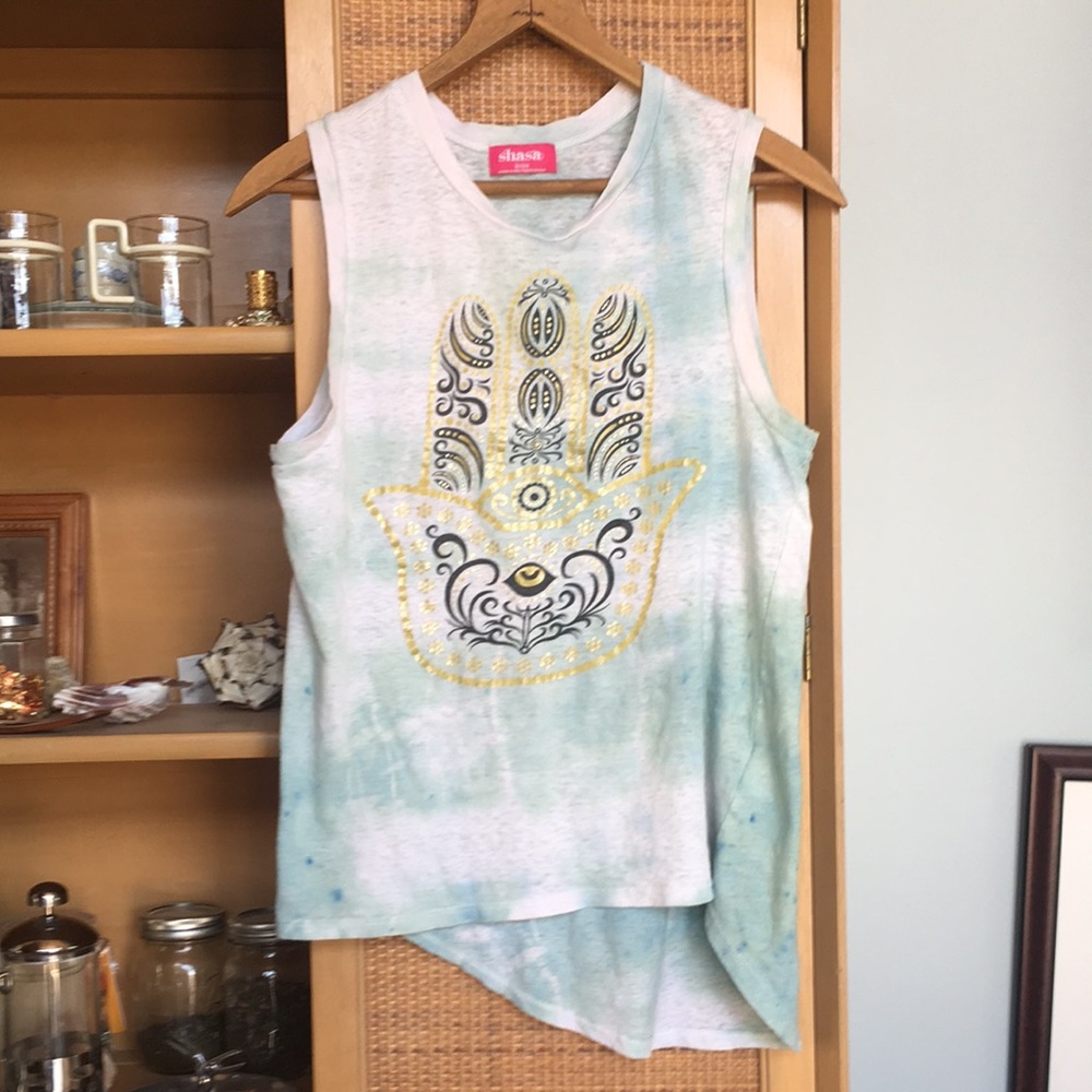 Asymmetrical tie die Fatima hand tee